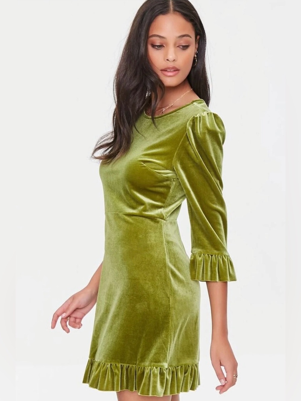 Forever 21 NWT Sz S Chartreuse Olive Green Velvet Ruffle Mini Dress (0871)